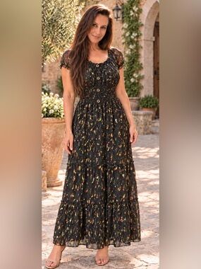 NWT Lapis Black Floral Smocked Waist Sheer Puff Sleeves Crinkle Tiered Maxi